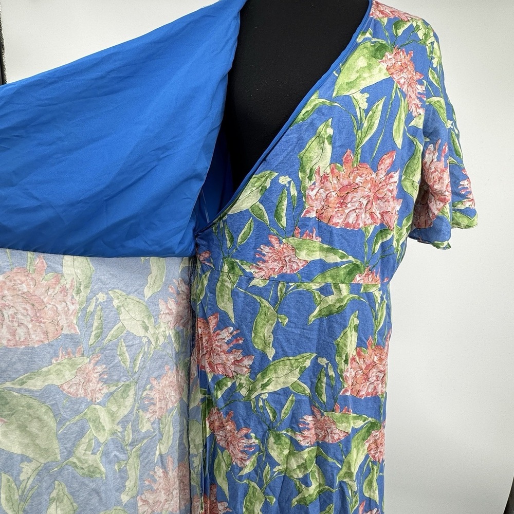 J. McLaughlin Audette Wrap Maxi Dress XL Blue Floral Linen Blend Peony Belted - Picture 4 of 13